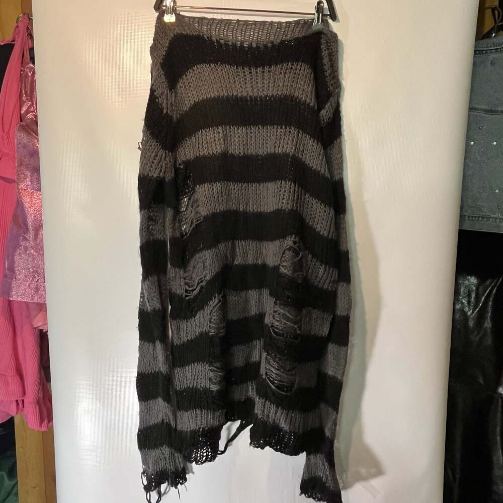 Ash Distressed Punk Gothic Knit Stripes Oversized Sweater